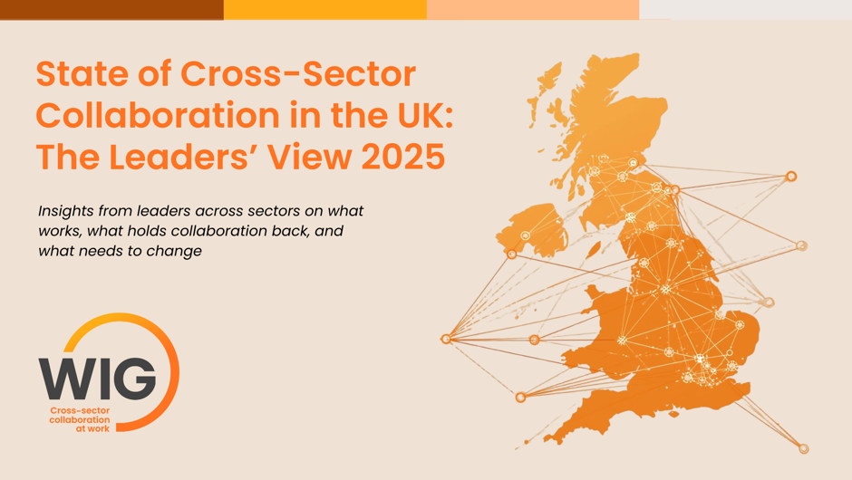 Report cover showing the UK map with network connections, titled State of Cross-Sector Collaboration in the UK 2025.