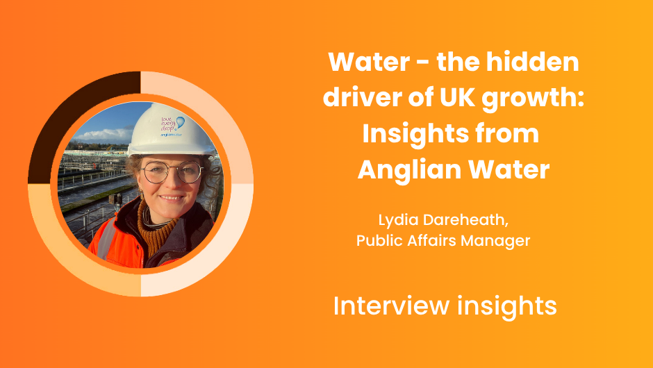 Lydia Dareheath, Public Affairs Manager, wearing a hard hat at an Anglian Water facility.