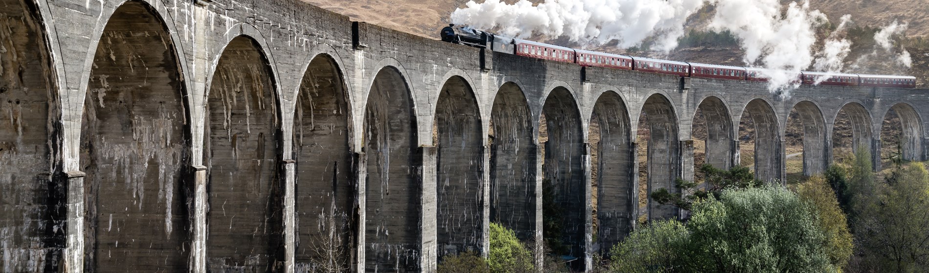 A viaduct in scotland with a steam train