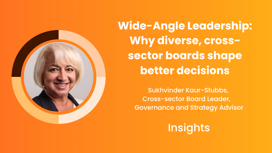 Sukhvinder Kaur-Stubbs, Cross-sector Board Leader, promoting Wide-Angle Leadership insights.