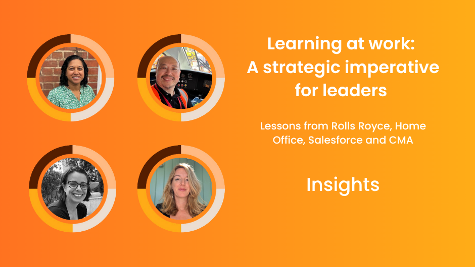 Four profile photos of diverse professionals alongside the title, 'Learning at work: A strategic imperative for leaders.'