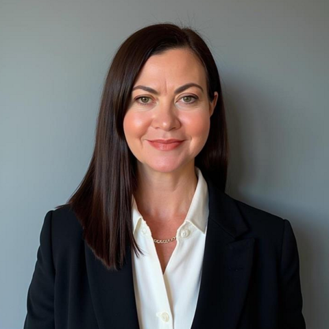 Headshot of a smiling woman with dark hair, wearing a black blazer and white shirt.
