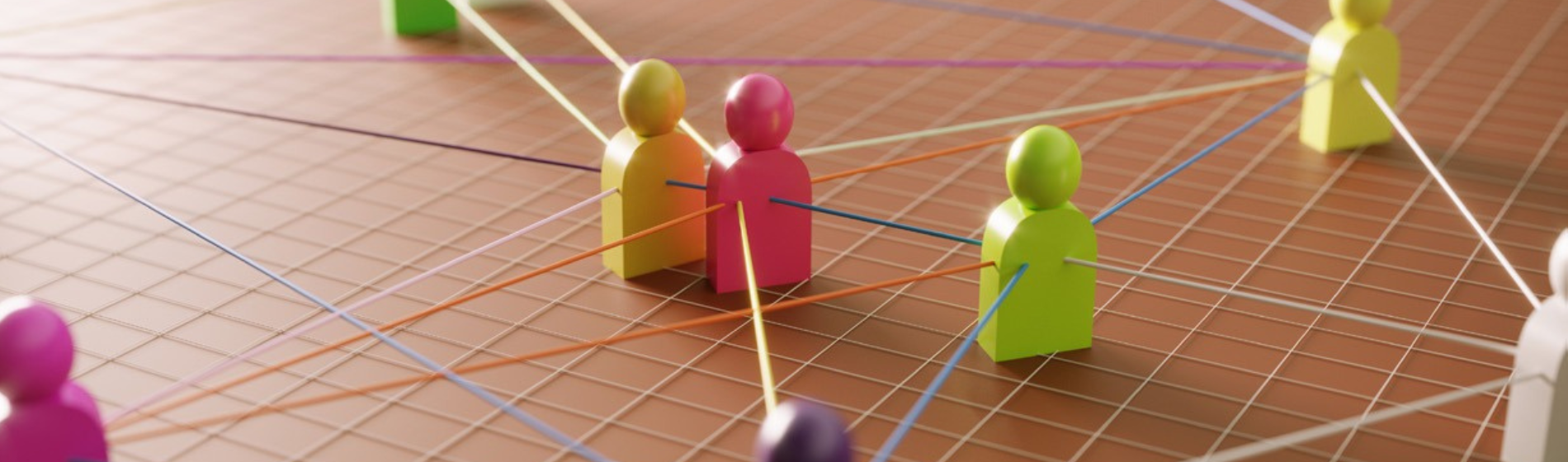 Network graphic of colourful figures linked by threads, representing cross-sector connections.