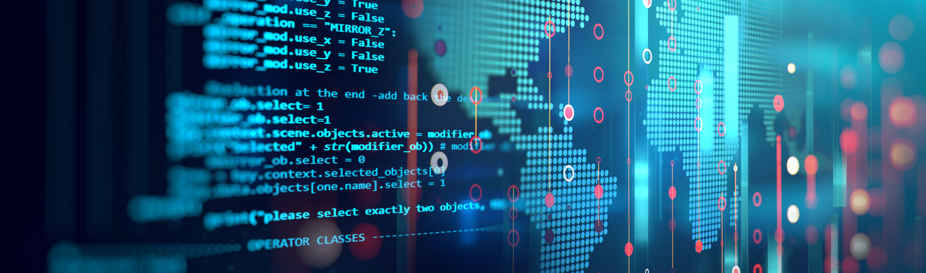 Blue computer code overlaid on a dotted world map, illustrating global data and technology.