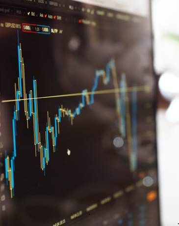 Financial candlestick chart displayed on a monitor, showing market data for GBP/USD.