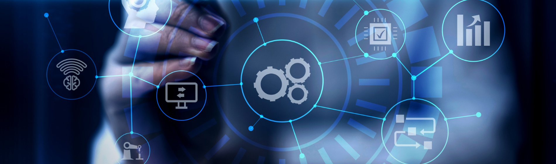 A hand touches a glowing blue digital interface showing interconnected icons for process, technology, and automation.